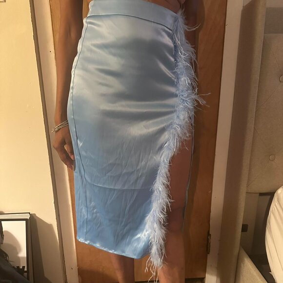AKIRA - Blue Satin Midi Skirt with Feather Trim - Picture 1 of 5